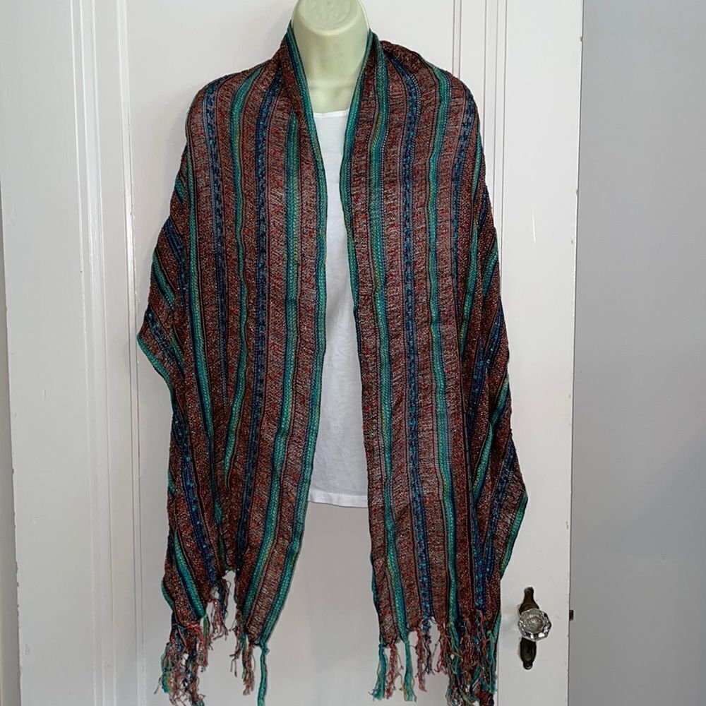 Boho multi colored metallic thread stripe large‎ scarf or wrap with fringe